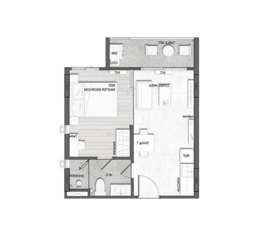 Floor plan of a two-bedroom apartment with dining area, kitchen, and bathroom.